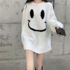 Long-sleeve Smiley Face Embroidered Sweater White - One Size