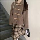Faux Shearling Toggle Jacket / Plaid Midi Pleated Skirt