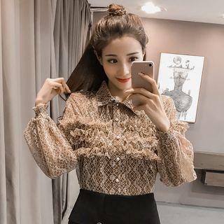 Set : Print Frill Trim Long-sleeve Blouse + Spaghetti Strap Top