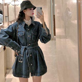 Mock Neck Lace Top / Belted Waist Denim Jacket