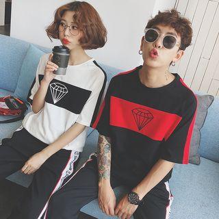 Couple Matching Short-sleeve Diamond Print T-shirt / Lettering Sweatpants