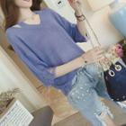 Cut-out Distressed Elbow-sleeve Knit Top