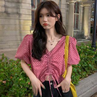 Puff-sleeve Drawstring Heart Print Crop Top