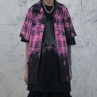 Elbow-sleeve Splatter Print Plaid Shirt