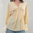 Long-sleeve V-neck Drawstring Blouse