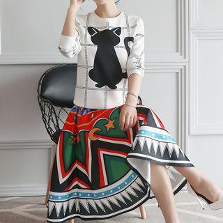 Set : Cat Print Long-sleeve Top + Patterned Skirt