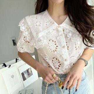 Sailor-collar Eyelet-lace Blouse Ivory - One Size