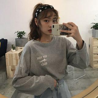 Long-sleeved Lettering Loose-fit Crewneck Plain T-shirt