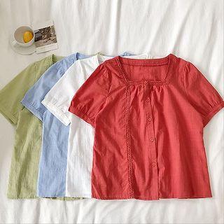 Plain Square-neck Single-breasted Blouse