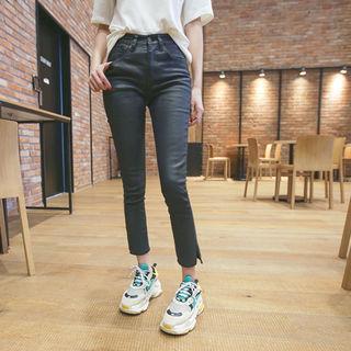 Slit-hem Coated Skinny Pants