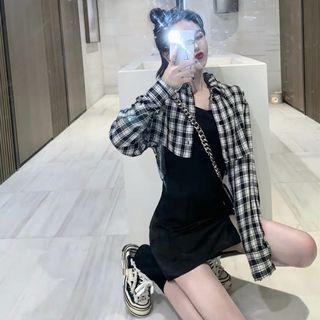 Set: Spaghetti Strap Mini Dress + Crop Plaid Jacket