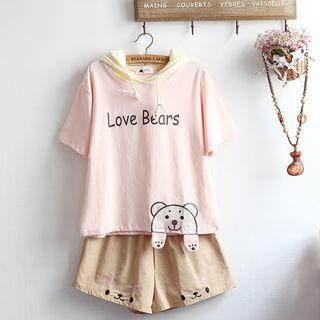 Set: Short-sleeve Bear Print Hoodie + Shorts