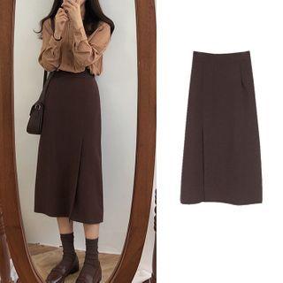 High-waist Plain Skirt / Long-sleeve Plain Blouse