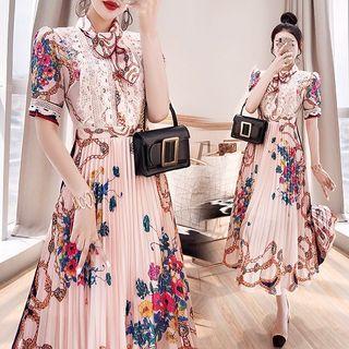 Short-sleeve Tie-neck Floral Print A-line Midi Dress