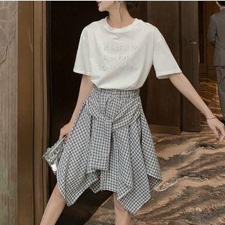 Elbow-sleeve T-shirt Dress / Plaid Midi A-line Skirt