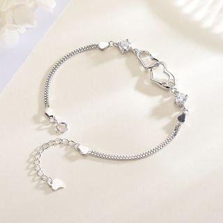 925 Sterling Silver Rhinestone Heart Bracelet Brs081 - Silver - One Size