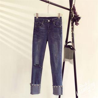 Faux Pearl Ripped Slim Fit Jeans