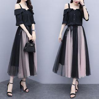 Set; Cold-shoulder Blouse + Paneled Midi Mesh Skirt