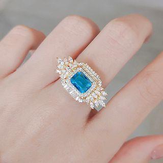 Faux Crystal Alloy Open Ring Ly2636 - Ring - Blue & Gold - One Size