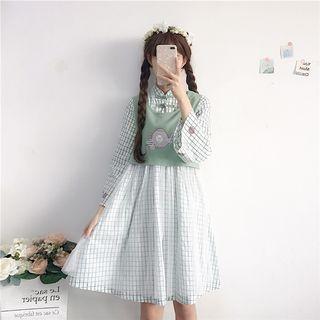 Long-sleeve Printed Plaid Mandarin Collar Dress Green - One Size