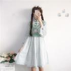 Long-sleeve Printed Plaid Mandarin Collar Dress Green - One Size
