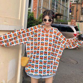 Flower Print Hooded Long-sleeve T-shirt As Shown In Figure - One Size