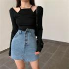 Long-sleeve Cutout Plain Top / Asymmetric Denim Skirt