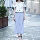 Set: Cutaway-shoulder Ruffled Top + Pants