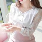 Sweetheart-neck Frilled Lace-sleeve Blouse