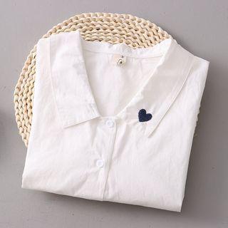 Elbow-sleeve Heart Embroidered Shirt White - One Size