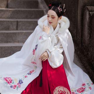 Furry Hooded Floral Embroidered Cape