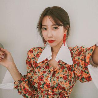 Contrast-collar Tie-waist Floral Blouse