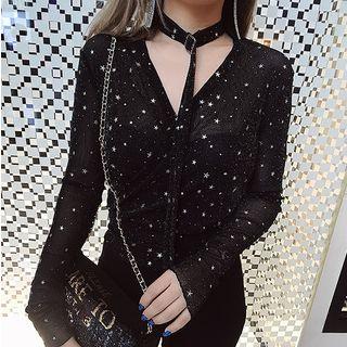 Long-sleeve Star Print Sheer Top