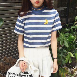 Short-sleeve Mock Collar Striped T-shirt