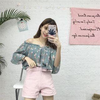 Floral Print Off Shoulder 3/4 Sleeve Chiffon Top