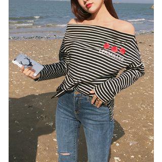 Floral Embroidered Striped Off-shoulder Long-sleeve T-shirt