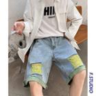 Contrast Color Distressed Denim Straight-cut Shorts