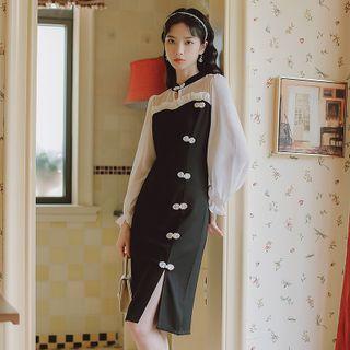 Mesh Panel Frog-button Accent Side-slit Dress
