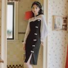 Mesh Panel Frog-button Accent Side-slit Dress