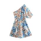 Short-sleeve One-shoulder Zebra Print A-line Dress