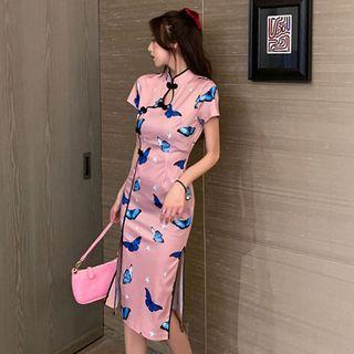 Short-sleeve Mandarin Collar Printed Midi Sheath Dress