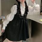 Long-sleeve Plain Blouse / Mini A-line Overall Dress