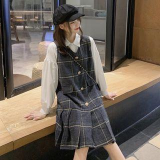Sleeveless Single Breasted Plaid Dress / Long-sleeve Plain Shirt