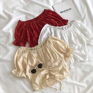 Plain Off-shoulder Frilled Short-sleeve Top