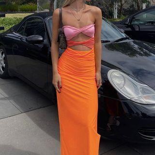 Strapless Cut-out Color Block Maxi Sheath Dress
