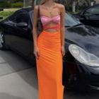 Strapless Cut-out Color Block Maxi Sheath Dress
