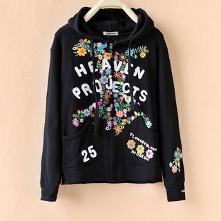 Flower Embroidered Hooded Zip Jacket