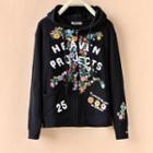 Flower Embroidered Hooded Zip Jacket