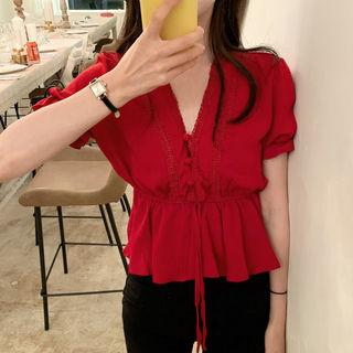 V-neck Lace-detail Shirred Blouse