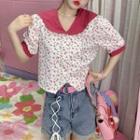 Short-sleeve Floral Blouse Floral - Pink & White - One Size